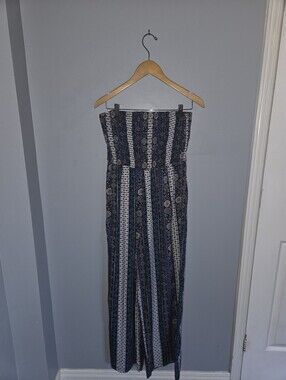 Striped Bohemian Strapless Jumpsuit in Navy and White